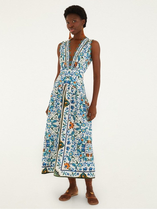FARM Rio Dresses & Skirts - Farm Rio Off-White Flora Tile Scallop Maxi Dress